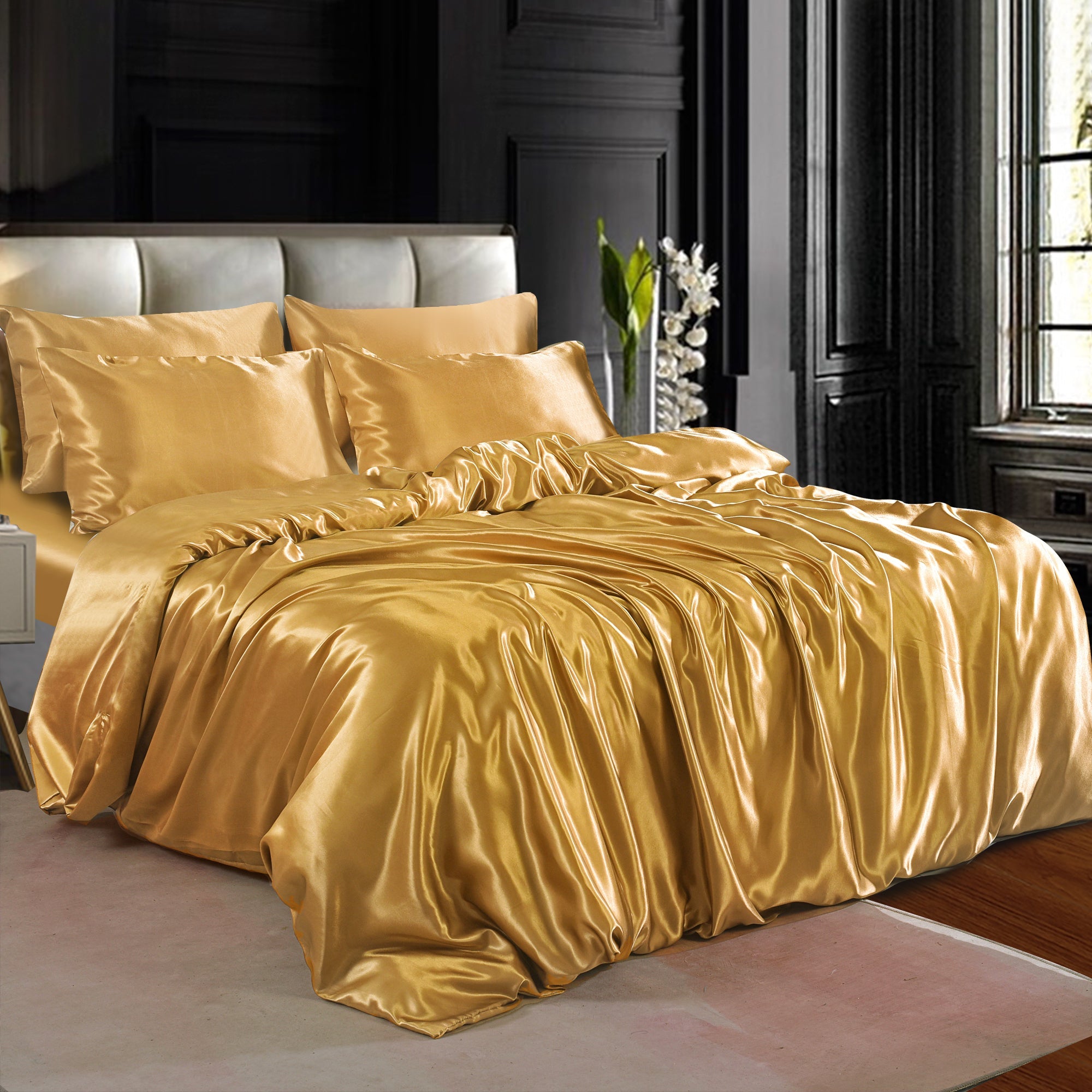 6PCS SATIN COMPLETE BEDDING SET DUVET COVER FITTED SHEET 4 PILLOW CASES