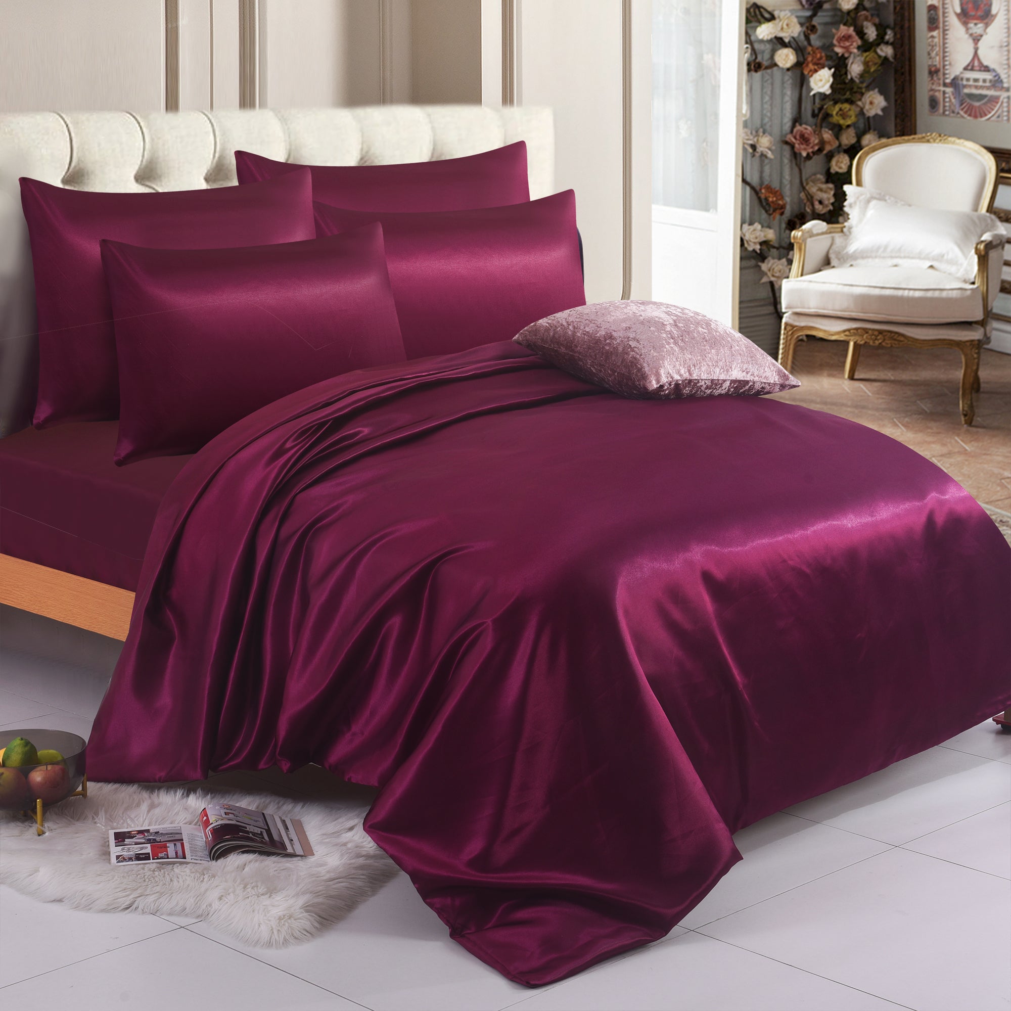 6PCS SATIN COMPLETE BEDDING SET DUVET COVER FITTED SHEET 4 PILLOW CASES