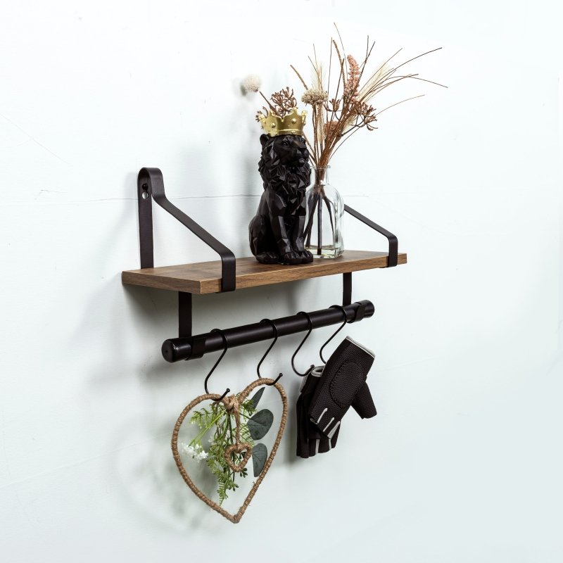 1 Tier Dark Oak Wall Shelf with Black Rail Hanging Frame - PARGI - Shelves - British D'sire