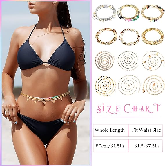 12 Pcs Waist Beads Body Jewelry Beach Bikini Belly Beads Waist Chains for Women Adjustable Belly Necklace Stomach Jewelry Chain Women's Body Chains - Body Jewellery - British D'sire