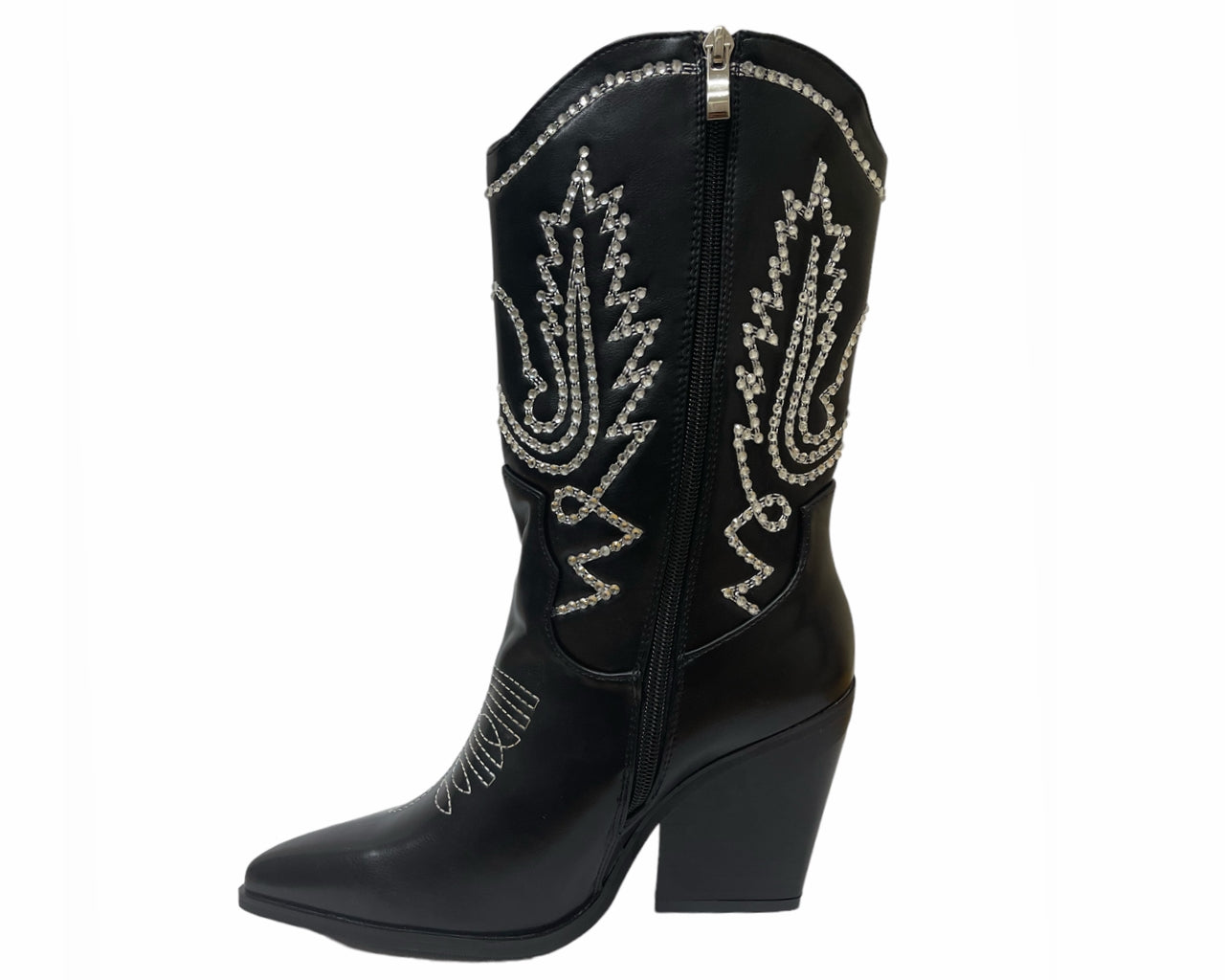 Mid Calf Cowboy Embroidery Diamante Boots