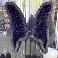 Beautiful pair amethyst crystal wings natural healing rock quartz butterfly geodes cluster with metal stand for home decoration