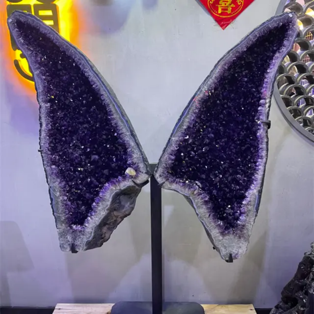 Beautiful pair amethyst crystal wings natural healing rock quartz butterfly geodes cluster with metal stand for home decoration