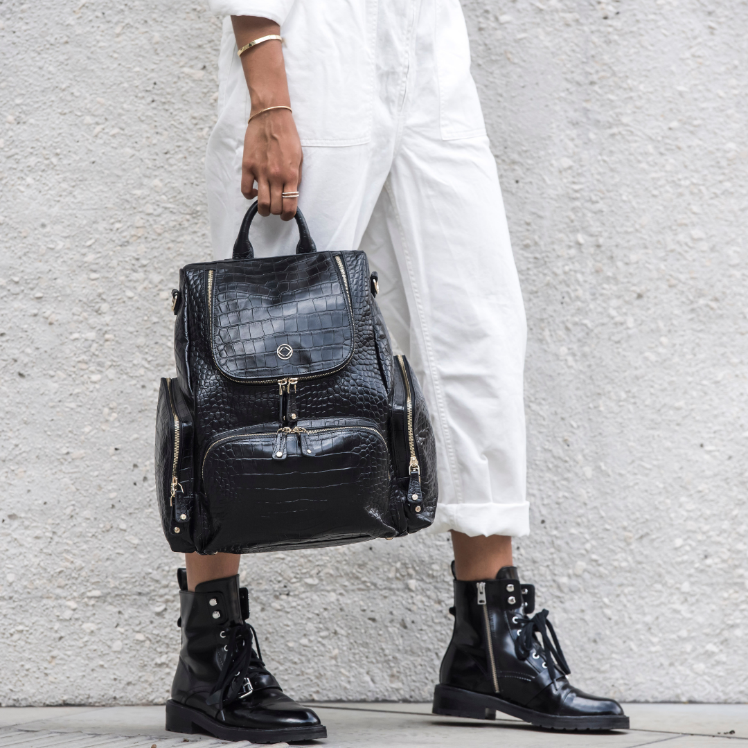 Amber Embossed Black Leather Backpack