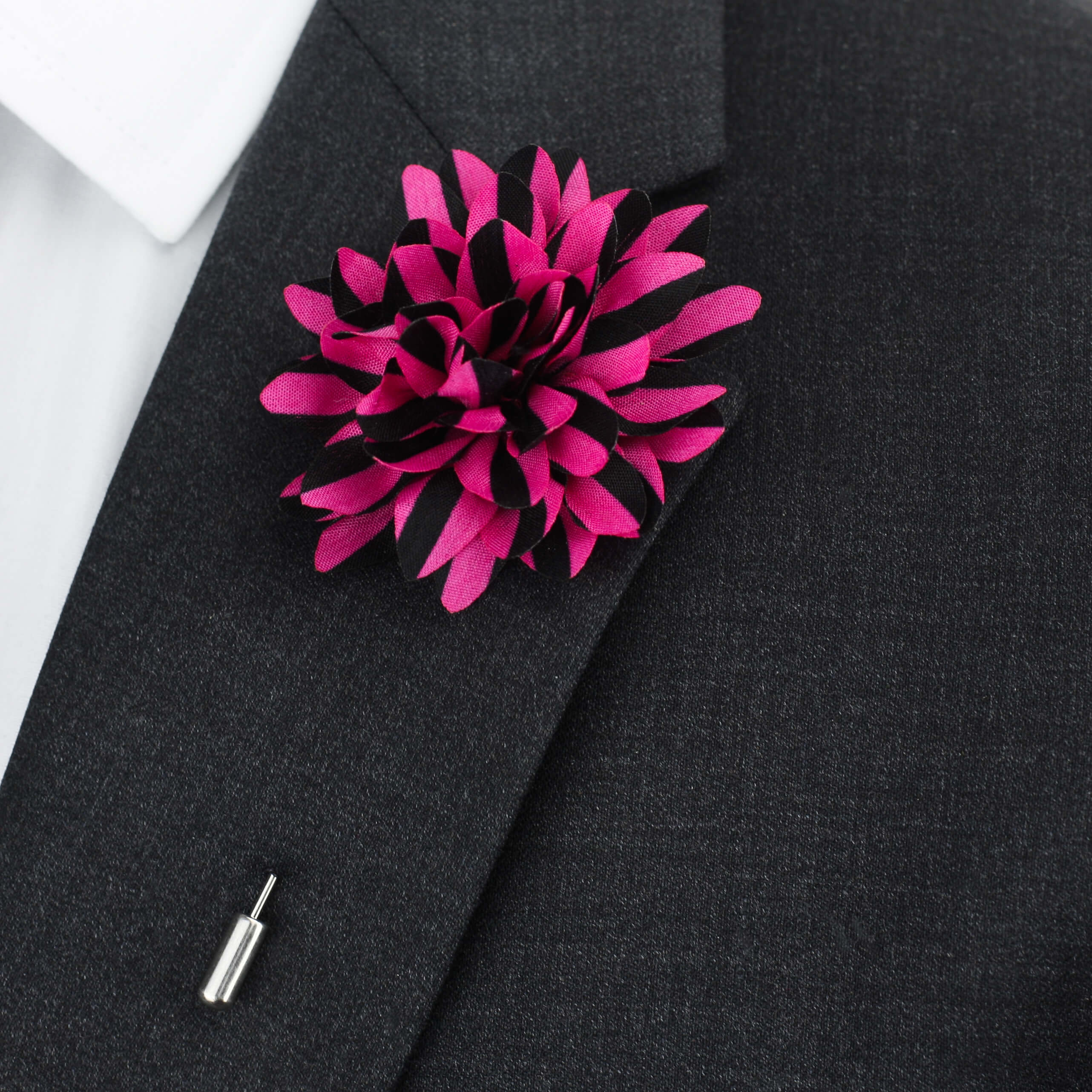 Silk Flower Lapel Pin, Black and Pink Stripes