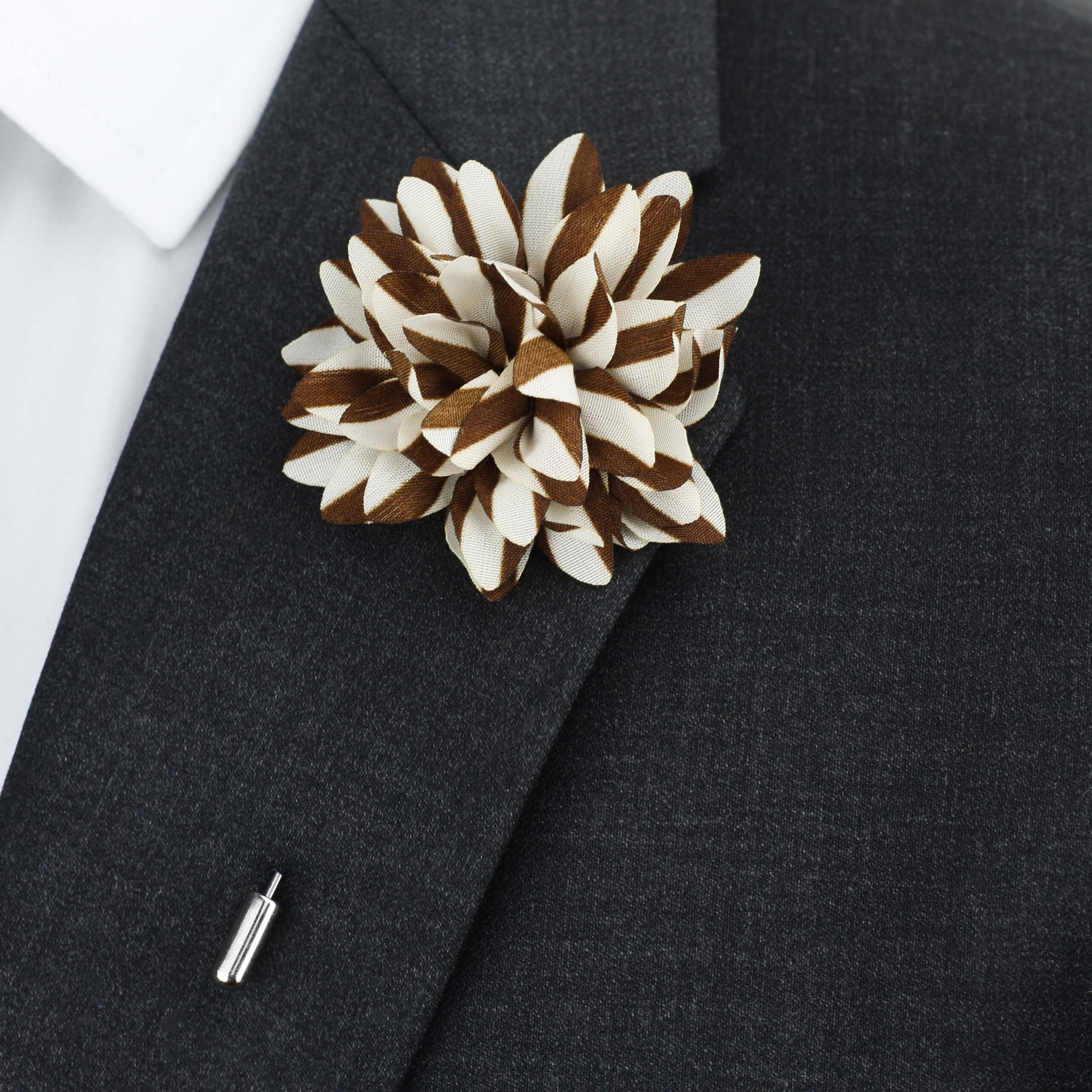 Silk Flower Lapel Pin, Brown and White Stripes