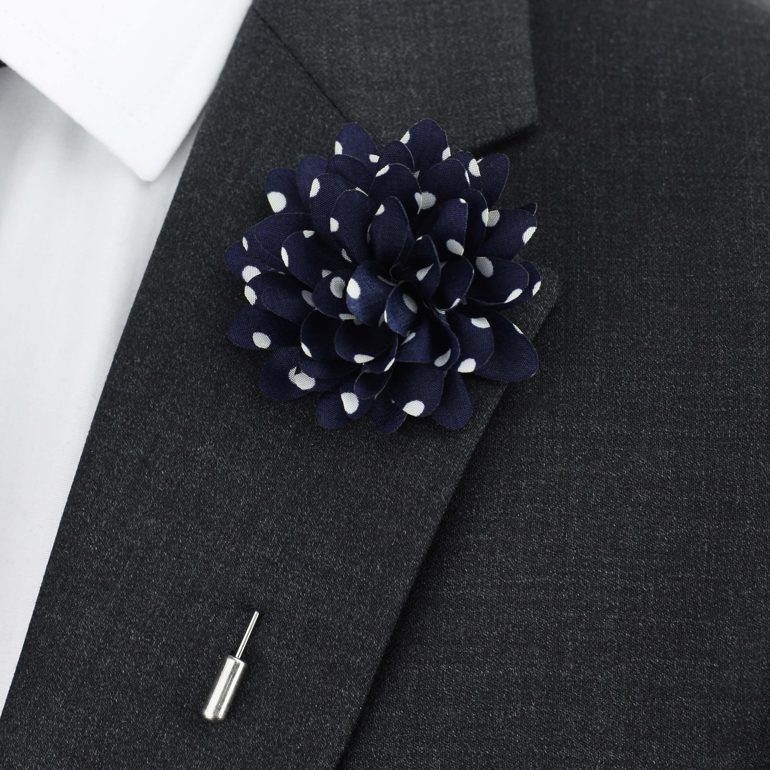 Silk Flower Lapel Pin, Navy and White Polka Dots