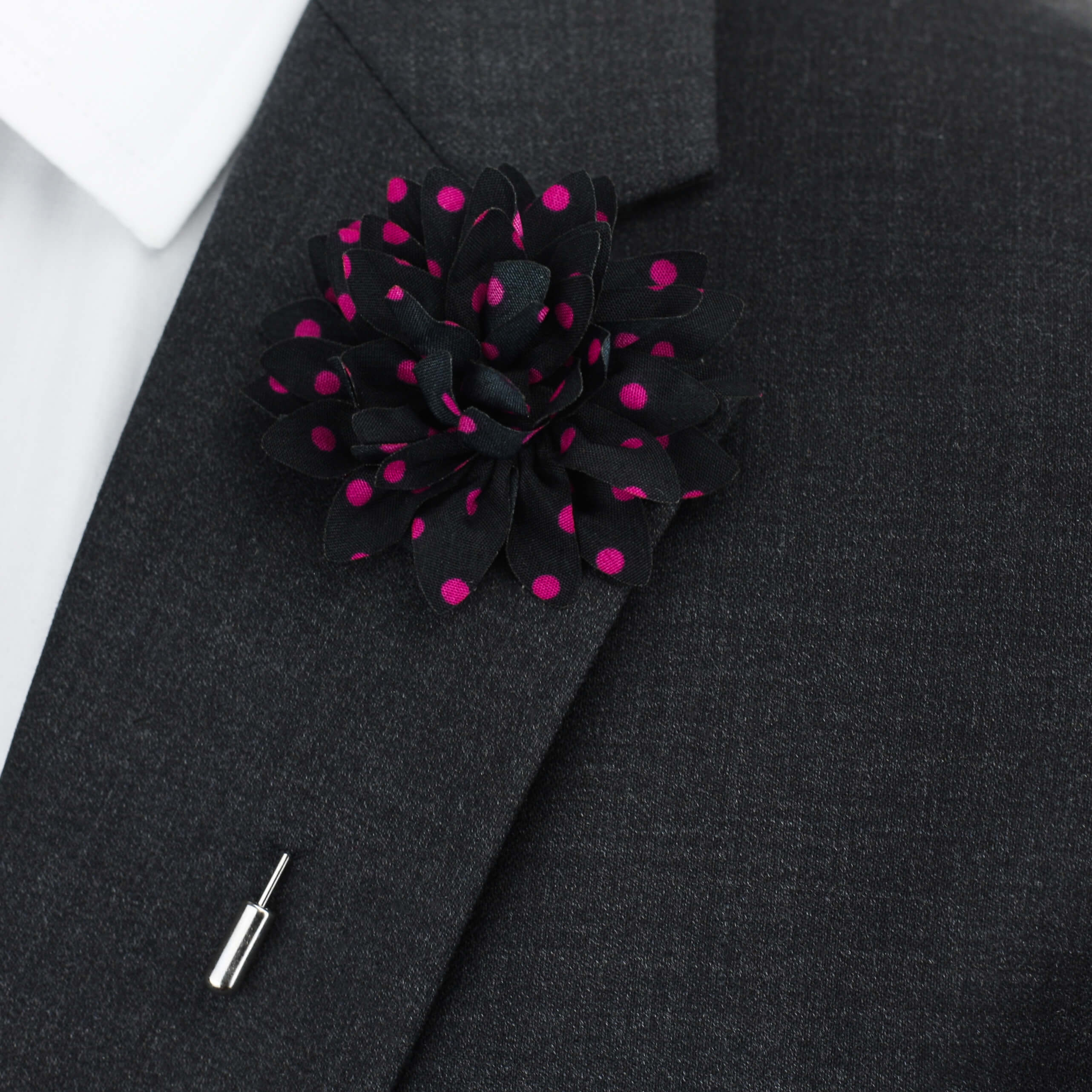 Silk Flower Lapel Pin, Black and Pink Polka Dot