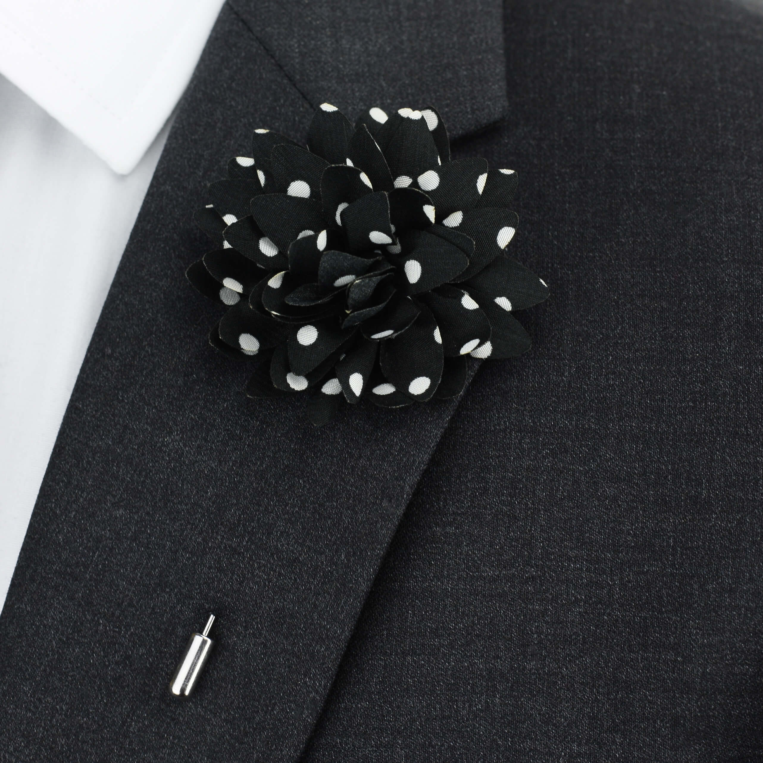 Silk Flower Lapel Pin, Black and White Polka Dot