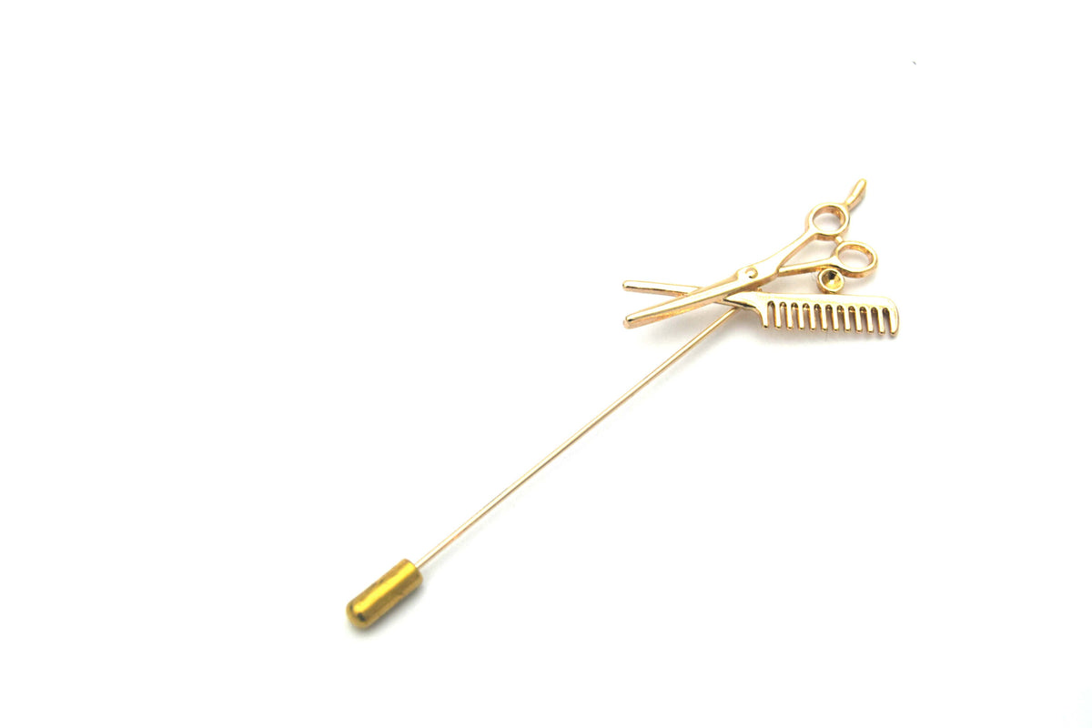 Scissor and Comb Lapel Pin, Gold