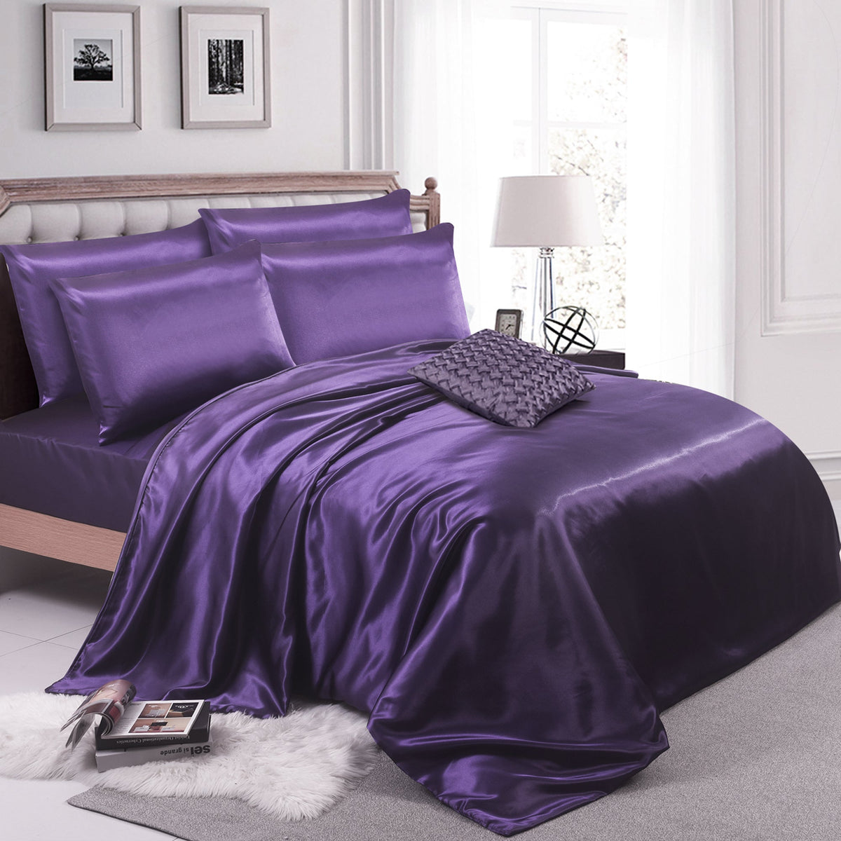 6PCS SATIN COMPLETE BEDDING SET DUVET COVER FITTED SHEET 4 PILLOW CASES