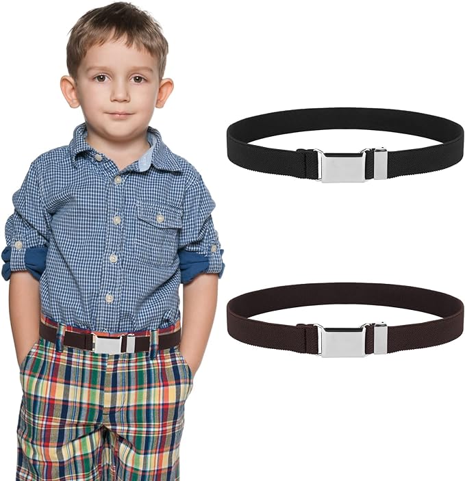 2 Pack Kids Toddler Belt Elastic Stretch Belts Adjustable Uniform Belt with Silver Square Buckle for Child Boys Girls - British D'sire