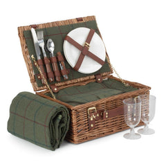 2 Person Green Tweed Classic Picnic Basket - Fitted Picnic Baskets - British D'sire