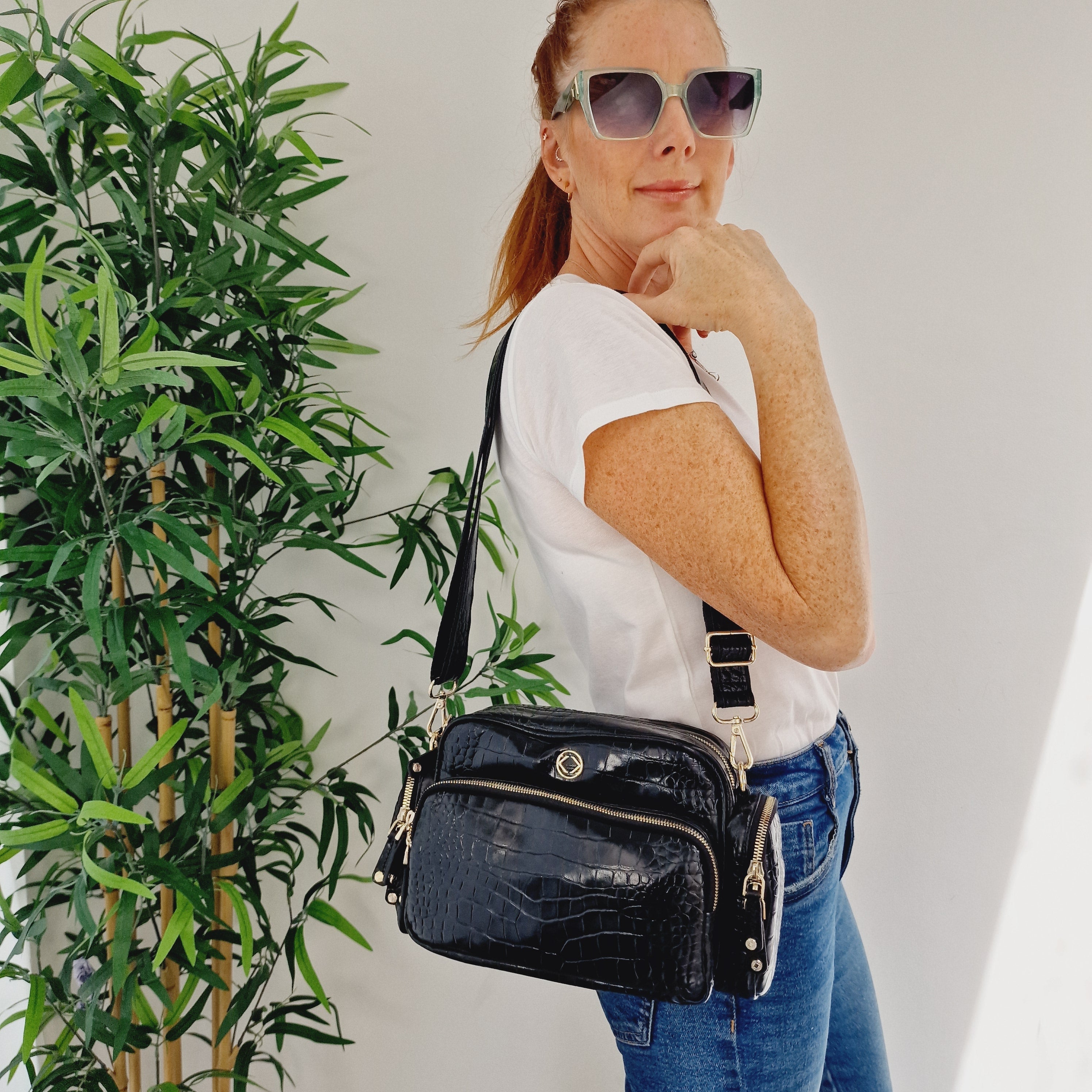 Greta High Sheen Embossed Black Leather Crossbody Bag