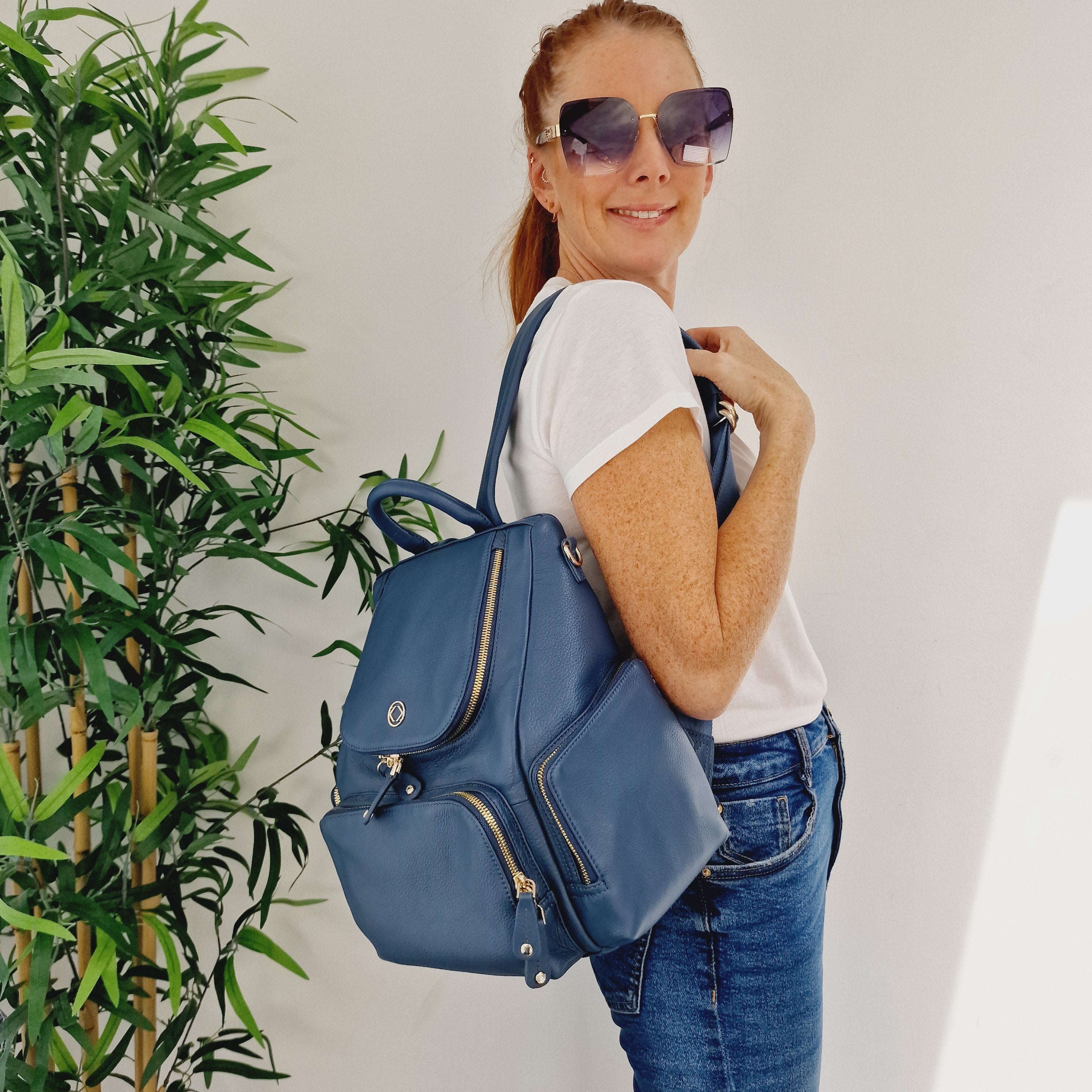 Amber Midi Denim Leather Backpack