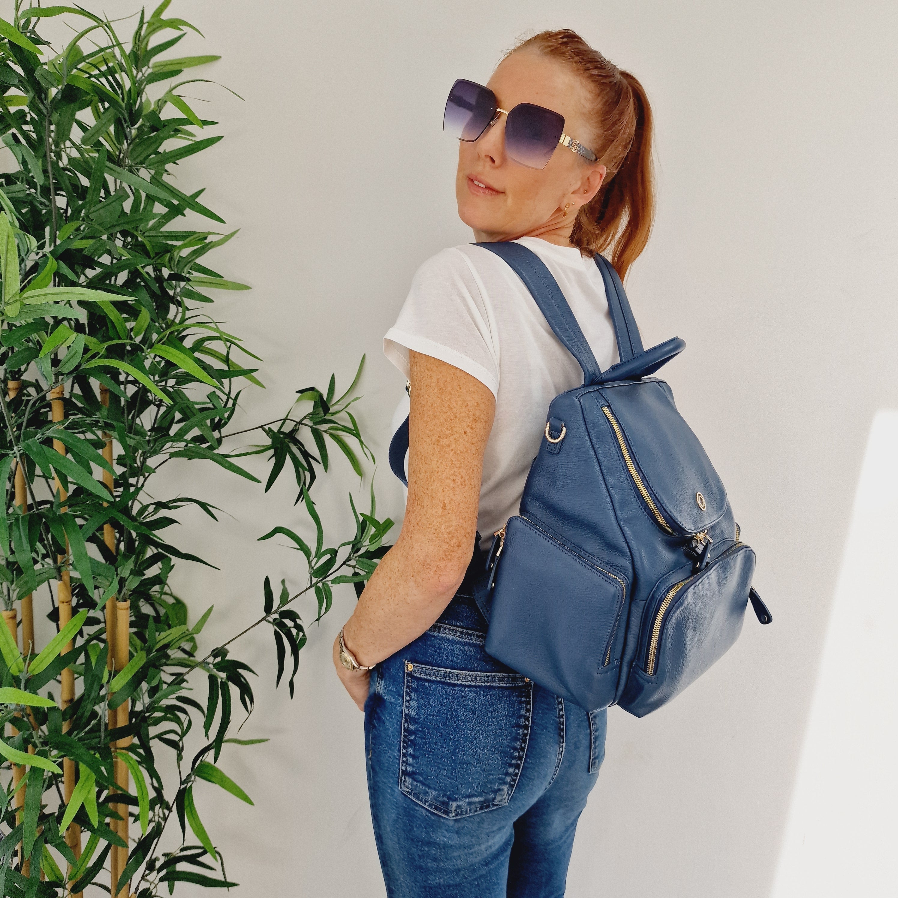 Amber Midi Denim Leather Backpack