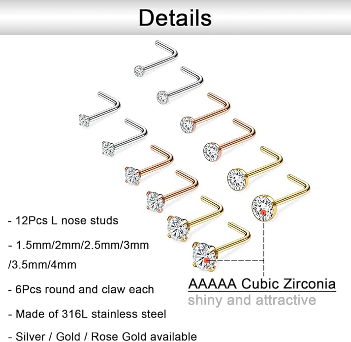 20G 1.5mm 2mm 2.5mm 3mm 3.5mm 4mm Nose Rings, 4 - 12Pcs Clear Diamond CZ Nose Studs Nose Piercings Jewellery - Studs - British D'sire