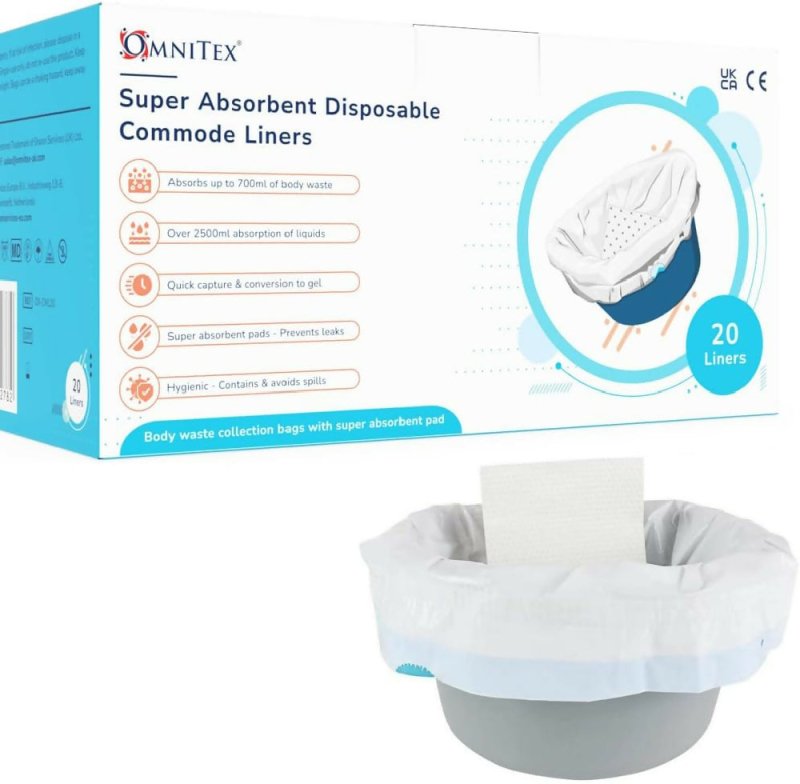 20pk Omnitex Super High Absorption Commode Liners 2500ml, Bed Pan Liners with 80% SAP granules gel conversion pad | Strong Adult Portable Toilet Bag with drawstring and SAP Pad | CE & UKCA certified - Commode Liners - British D'sire