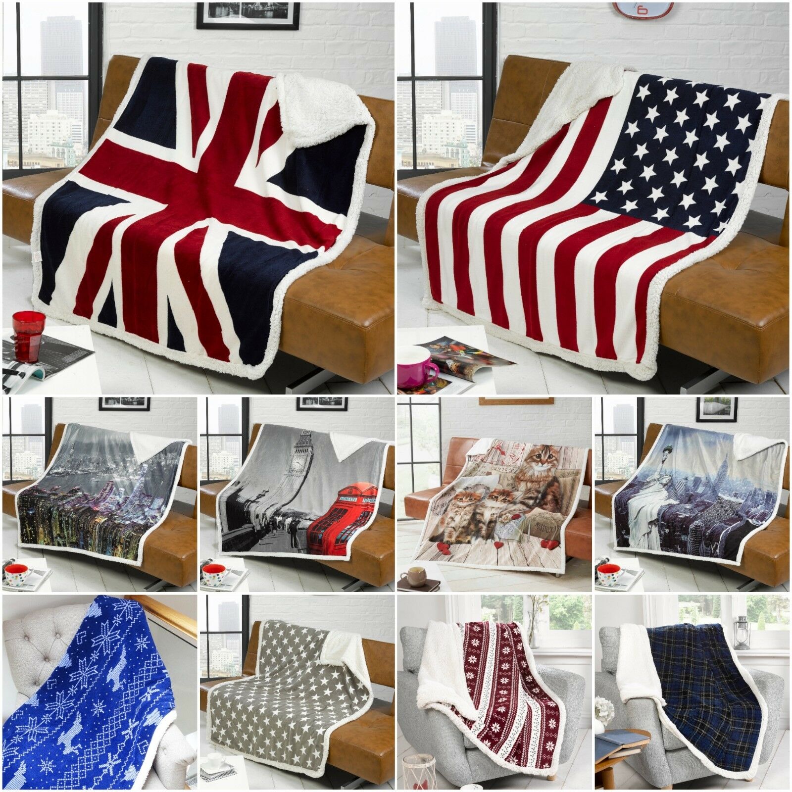 Luxury Sherpa Faux Fur Throw Fleece Blanket Sofa Bed Union Jack Skyline Animals