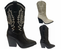 Mid Calf Cowboy Embroidery Diamante Boots