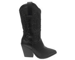 Mid Calf Cowboy Embroidery Diamante Boots