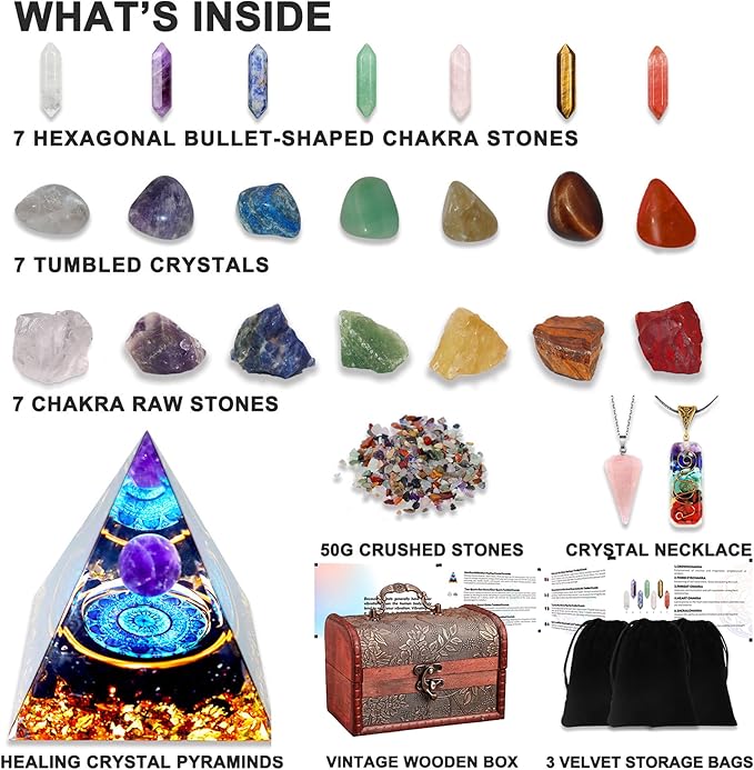 29pcs Healing Crystals Set, Crystals and Gemstones Set 7raw Chakra and 7tumbled Stones, 7bullet Shaped Chakra Stones, 2crystal Necklace, Crystal Pyramid, Crystals and Gemstones,Crystal Gifts - Gemstones - British D'sire