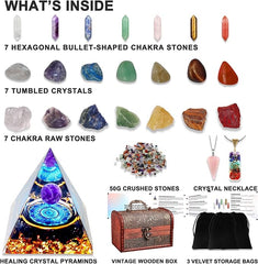 29pcs Healing Crystals Set, Crystals and Gemstones Set 7raw Chakra and 7tumbled Stones, 7bullet Shaped Chakra Stones, 2crystal Necklace, Crystal Pyramid, Crystals and Gemstones,Crystal Gifts - Gemstones - British D'sire