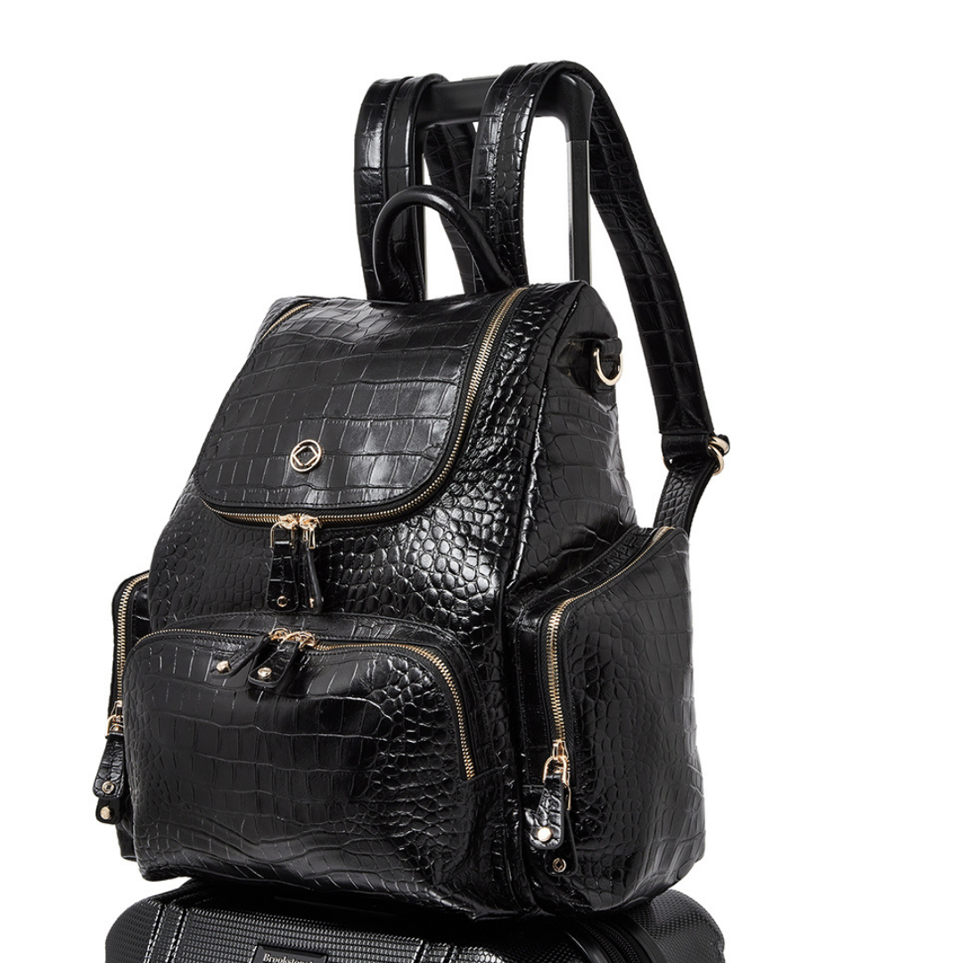 Amber Embossed Black Leather Backpack