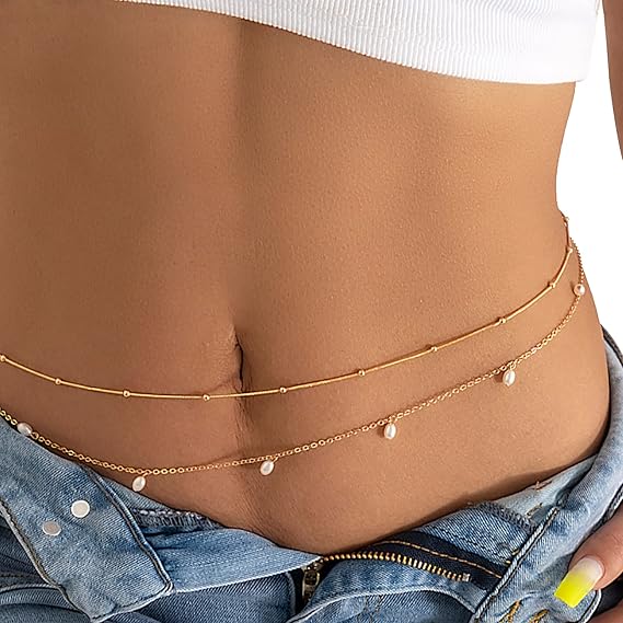 2Pcs Summer Beaded Waist Chain Metal Bikini Multi Layer Waist Belly Chain Sexy Beach Beads Body Chain Pearl Simple Waist Chain for Women Girls (Beads Belly - gold) - Body Jewellery - British D'sire