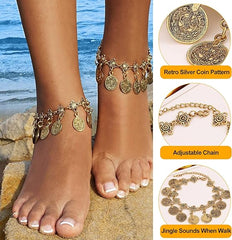 2PCS Women Beach Anklet Tribal Ethnic Coin Tassel Gypsy Anklets Chain Adjustable Boho Anklets Foot Chain Jewellery - Body Jewellery - British D'sire