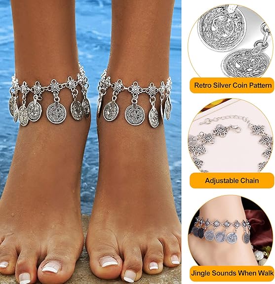 2PCS Women Beach Anklet Tribal Ethnic Coin Tassel Gypsy Anklets Chain Adjustable Boho Anklets Foot Chain Jewellery - Body Jewellery - British D'sire