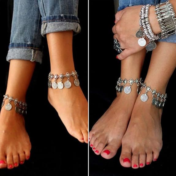 2PCS Women Beach Anklet Tribal Ethnic Coin Tassel Gypsy Anklets Chain Adjustable Boho Anklets Foot Chain Jewellery - Body Jewellery - British D'sire