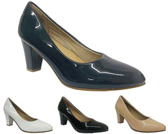 Faux Patent Leather Block Heel Court Shoes