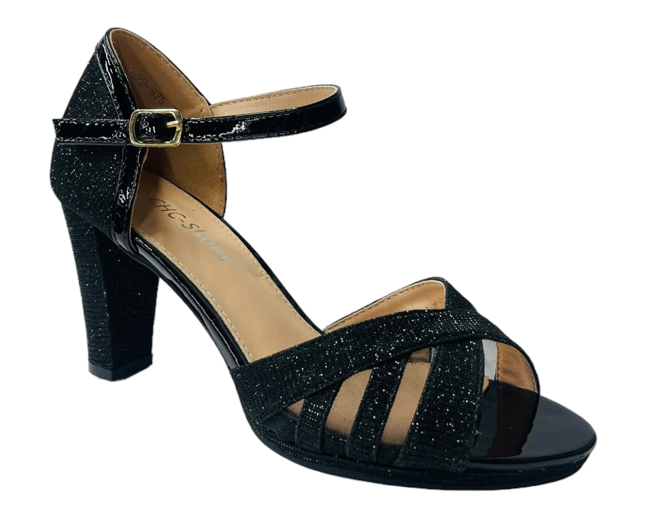 Glitter Ankle Strap Block Heel Shoes