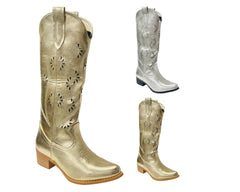 Embroidered Laser Cut Cowboy Calf Length Boots