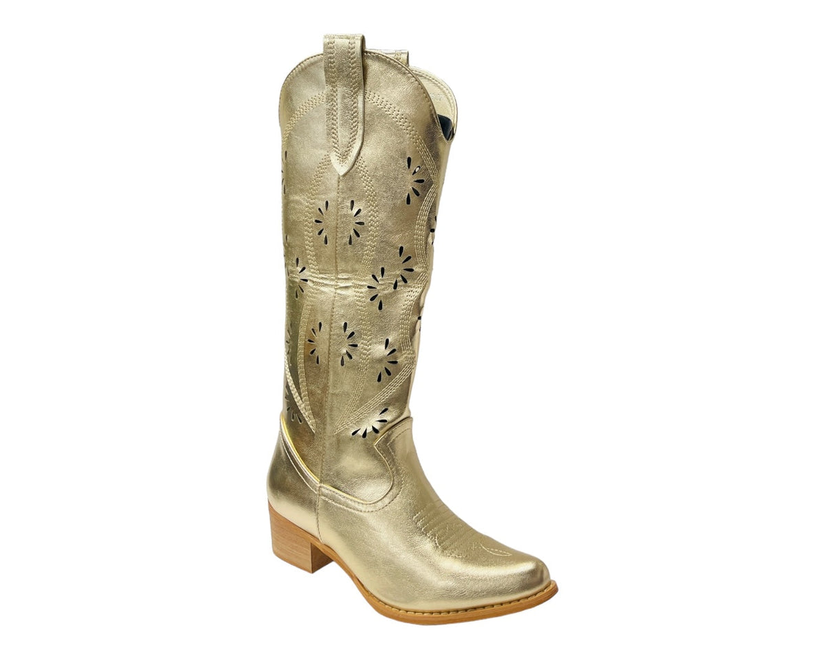 Embroidered Laser Cut Cowboy Calf Length Boots