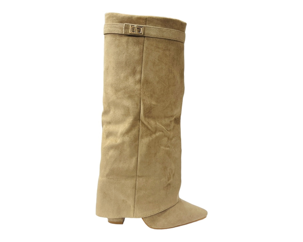 Faux Suede Calf High Fold Over Block Heel Boots