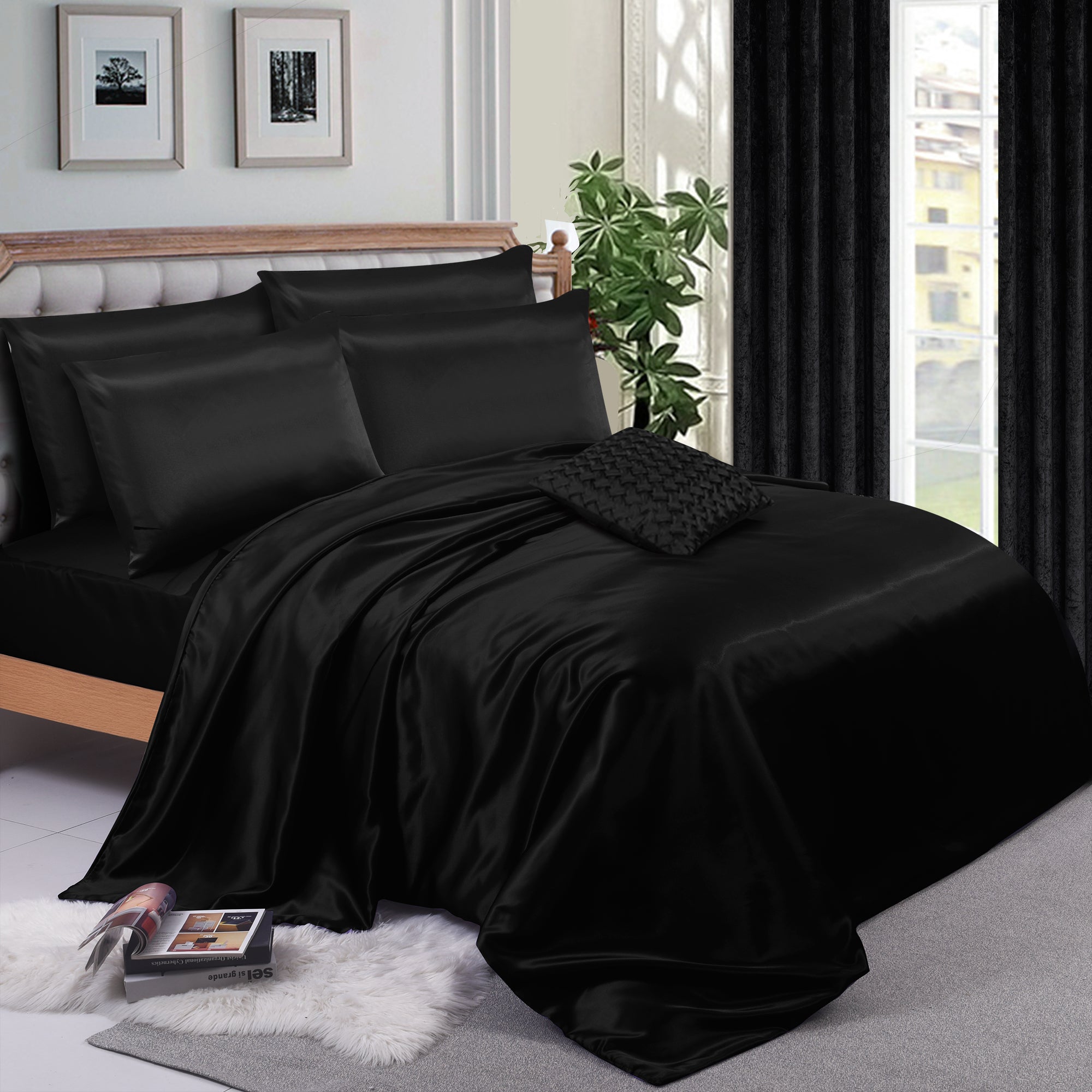 6PCS SATIN COMPLETE BEDDING SET DUVET COVER FITTED SHEET 4 PILLOW CASES