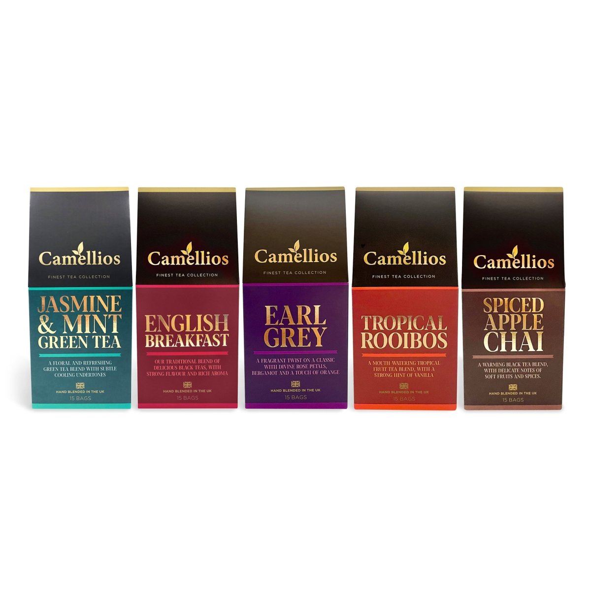 Gourmet Tea Selection, Five Premium Tea Blends, Camellios (5 Packs, 15 Tea Bags Each)