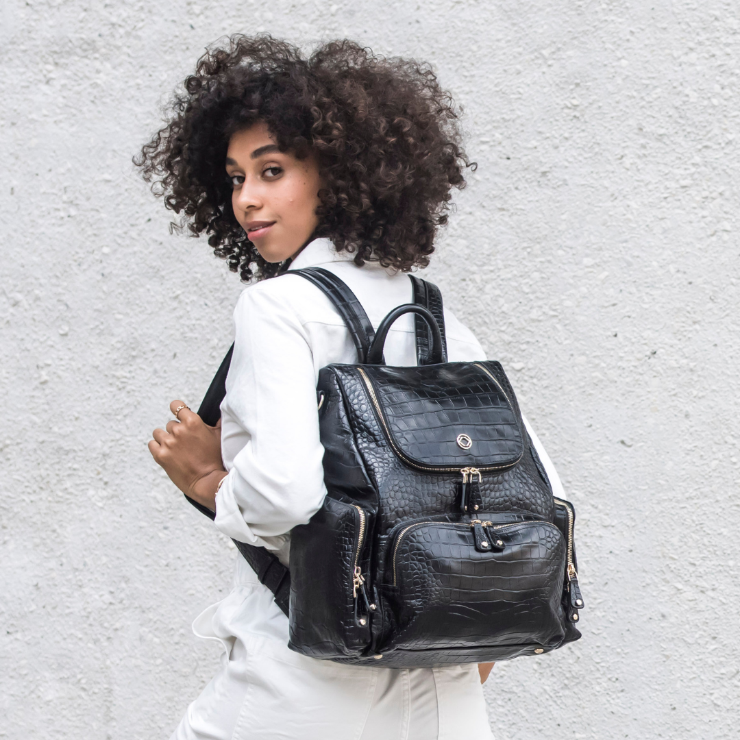 Amber Embossed Black Leather Backpack