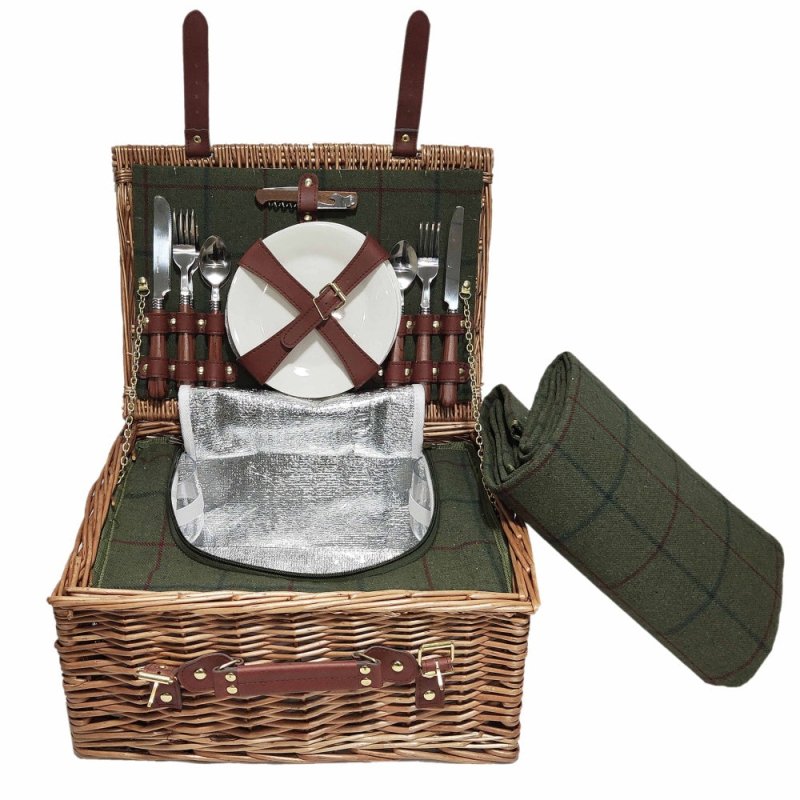 4 Person Green Tweed Classic Fitted Picnic Basket - Fitted Picnic Baskets - British D'sire