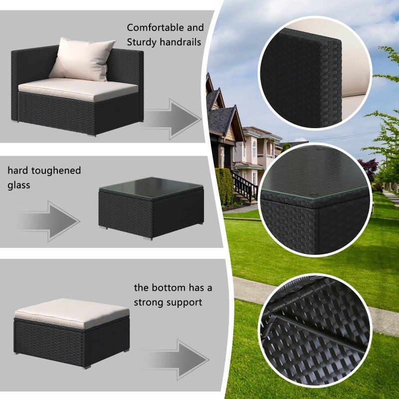 4 Pieces Rattan Garden Outdoor Patio Sofa Set with Washable Cushions and Glass Table-Black - British D'sire