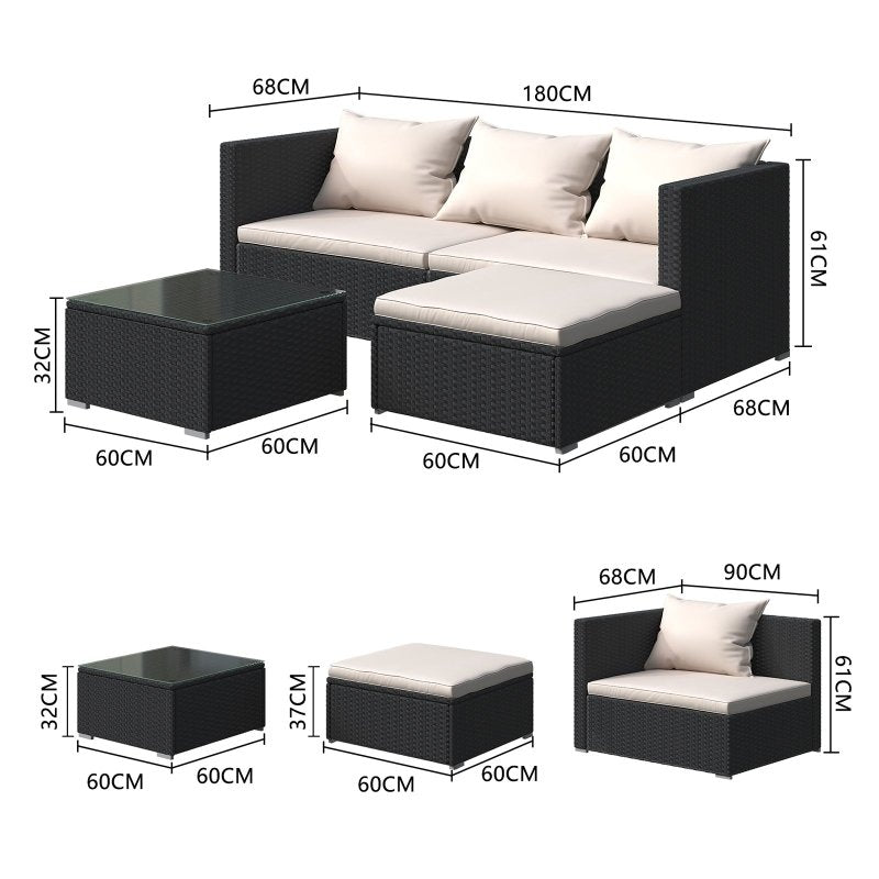 4 Pieces Rattan Garden Outdoor Patio Sofa Set with Washable Cushions and Glass Table-Black - British D'sire