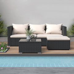 4 Pieces Rattan Garden Outdoor Patio Sofa Set with Washable Cushions and Glass Table-Black - British D'sire