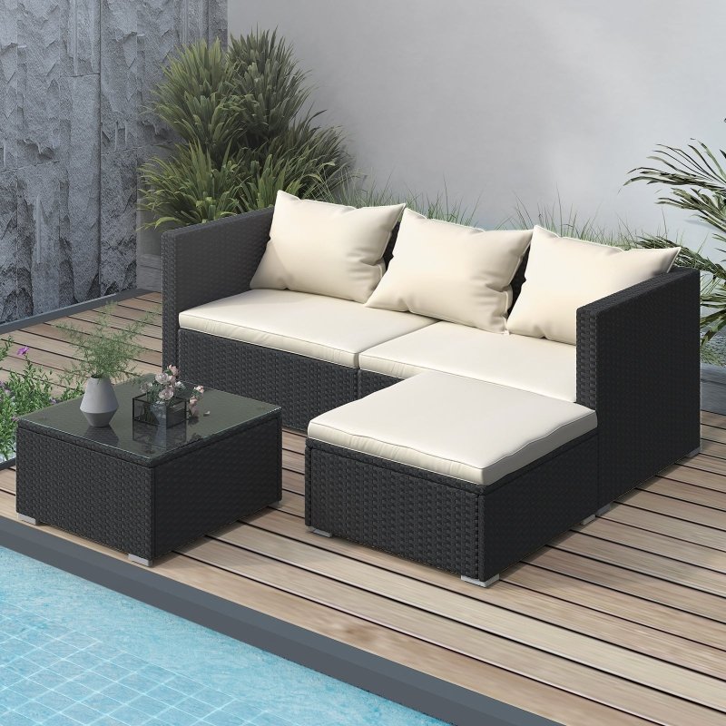 4 Pieces Rattan Garden Outdoor Patio Sofa Set with Washable Cushions and Glass Table-Black - British D'sire