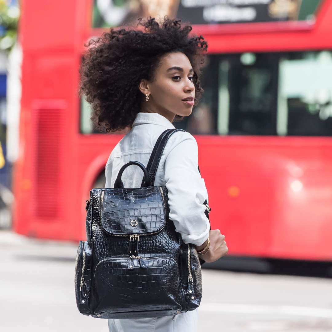 Amber Embossed Black Leather Backpack