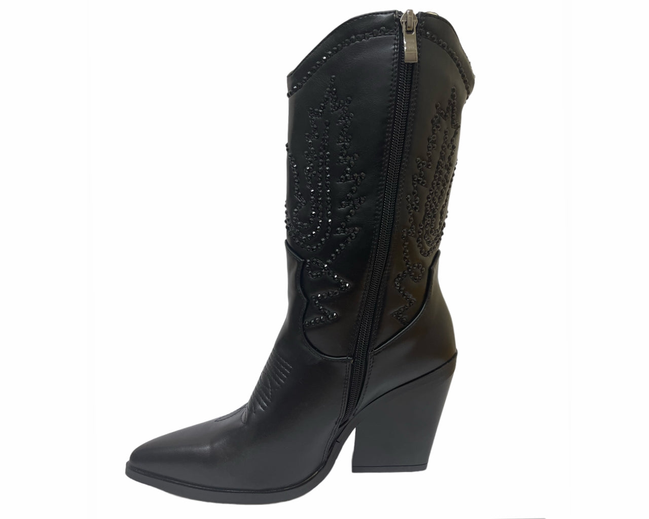 Mid Calf Cowboy Embroidery Diamante Boots