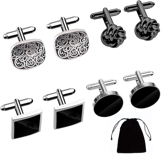 4Pairs Cufflinks for Men,Stainless Steel Classic Tone Cufflinks Black Round Square Retro Knot French Striped Cuff Link Kit Shirt Suit Button Cufflinks - Men's Cuff Links and Tie Clips - British D'sire