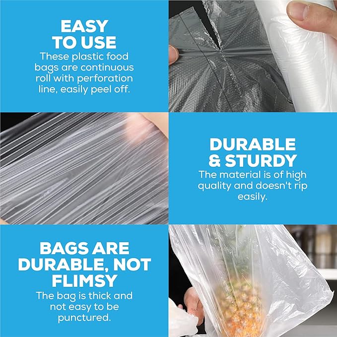 500 x Clear Plastic Bags on a Roll | Food and Sandwich Roll Bags | Freezer Food Storage Bags Rolls | Clear Plastic Poly Food Bags Multi - Use Fresh Fruit and Veg (9" X 14") - Reusable Shopper Bags - British D'sire