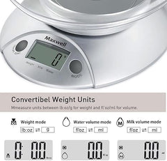 Connoisseur Digital Kitchen Scales with 0.6L Bowl – 5kg/11lb Capacity, ml & fl oz Liquid Measurement | Silver Food Scales with Tare Function & LCD Display | Compact, High-Precision Tool for Cooking & Baking